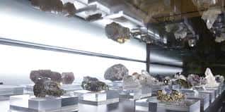 Exposición de minerales y rocas en vitrinas iluminadas dentro del museo
