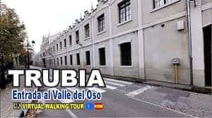 Vista panorámica de la calle principal en Trubia con edificios históricos y señalización del Valle del Oso