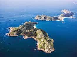Vista aérea de las Islas Cíes con playas y acantilados verdes