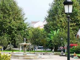 Vista de la fuente central y el área arbolada de la plaza