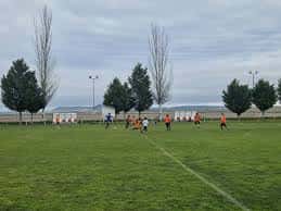 Vista general del campo de fútbol del Complejo Deportivo Luis Minguela con jugadores en actividad