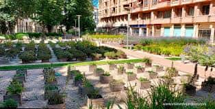 Paisaje del jardín con senderos de ladrillo, vegetación y edificios residenciales al fondo