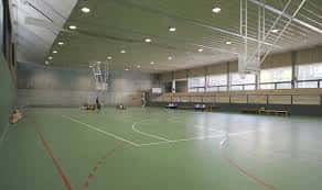 Vista interior del pabellón polideportivo con cancha de baloncesto y gradas laterales