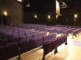 Interior del auditorio con butacas púrpuras dispuestas en gradas y escenario iluminado