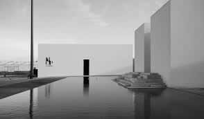 Perspectiva lateral del edificio del Centro MOP con siluetas de personas y reflejo en el agua