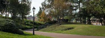 Sendero arbolado con farola clásica en el interior del Parque del Oeste