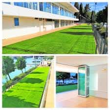 Instalaciones exteriores del club con césped artificial y acceso a embarcaciones