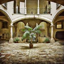 Patio central del Casal Solleric con palmera y detalles arquitectónicos históricos