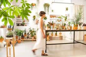 Interior luminoso de Biznaga Atelier con una mujer caminando entre exhibiciones de plantas