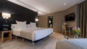 Habitación con cama doble, escritorio, TV y detalles florales decorativos