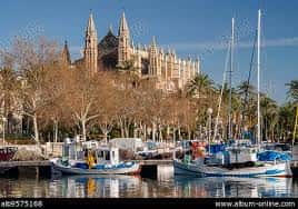 Puerto con barcos pesqueros y catedral de Palma al fondo