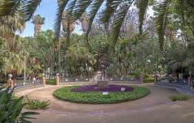Jardín central con rotonda floral y palmeras bajo cielo despejado
