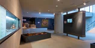 Espacio expositivo amplio con elementos arqueológicos y pantallas informativas