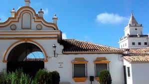 Detalle arquitectónico de la entrada principal con arco decorado y torre al fondo