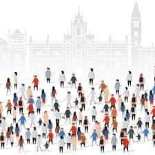 Ilustración de comunidad reunida frente al edificio emblemático del centro