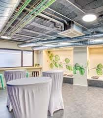 Espacio de coworking con mesas redondas y decoración vegetal