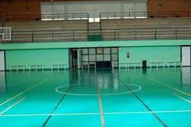 Pista de baloncesto interior con gradas y suelo verde en el Centro Deportivo Pino Montano