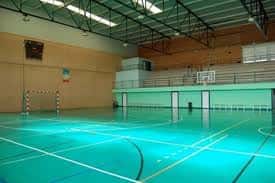 Pista deportiva interior con canastas, portería y gradas elevadas en el gimnasio