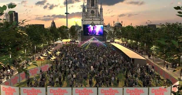 Vista cenital del festival con zona de comida y escenario