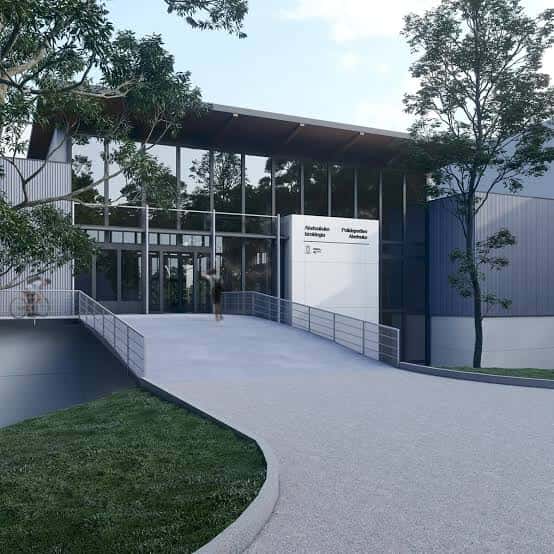 Render arquitectónico de la entrada principal del polideportivo