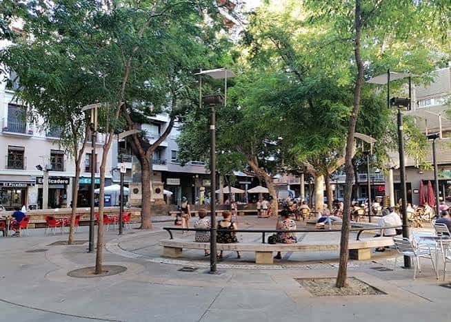 Vista general de la Plaza San Pedro Nolasco con árboles y personas disfrutando del ambiente