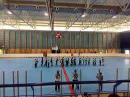 Interior del pabellón principal con pista de baloncesto y gradas
