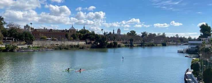 Vista panorámica del Charco de la Pava con el río y el casco histórico de Sevilla al fondo
