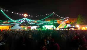 Escenario de fiesta nocturna en el parque con luces decorativas y multitud de asistentes
