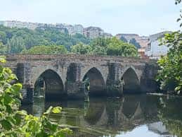 Puente de Saamasas con la ciudad de Lugo al fondo y vegetación ribereña