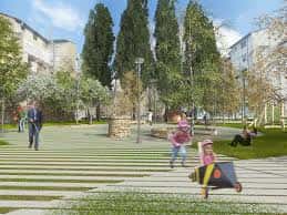 Render de la reurbanización de la plaza con zonas verdes y áreas peatonales