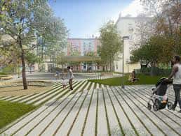 Diseño arquitectónico de la plaza con árboles y espacios para eventos al aire libre