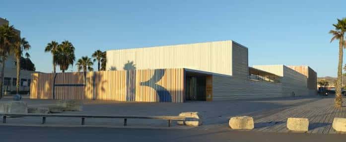 Vista exterior del Auditorio El Batel con fachada de madera y palmeras al atardecer