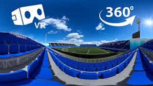 Vista panorámica 360° del interior del estadio Ibercaja con gradas y césped