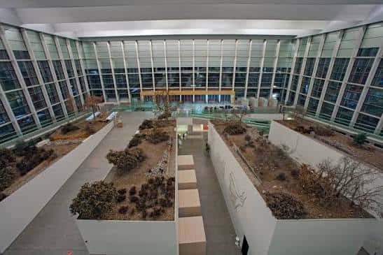 Vista cenital del atrio central del museo con jardines interiores y escaleras