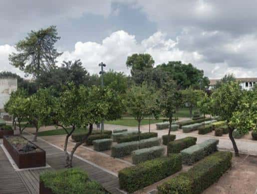 Jardín formal con setos recortados, árboles frutales y pasarelas de madera