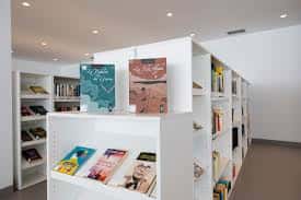 Estanterías blancas con libros y revistas expuestos