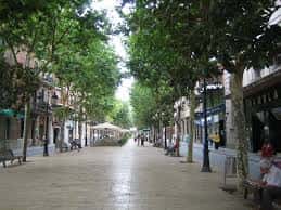Paseo arbolado con bancos y zonas de descanso en la plaza