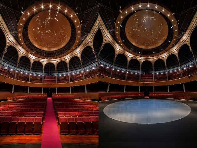 Vista panorámica del interior del Teatro Circo de Albacete mostrando la estructura de arcos y el escenario