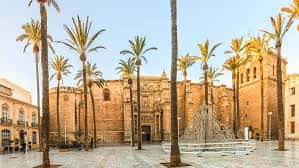 Plaza frontal de la catedral con fuente y palmeras, mostrando la arquitectura histórica en luz de atardecer