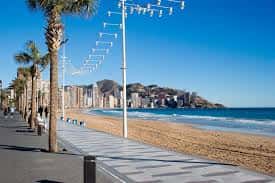 Paseo marítimo con palmeras y vista al mar en Benidorm
