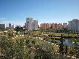 Ampio paisaje del parque con edificios residenciales al fondo
