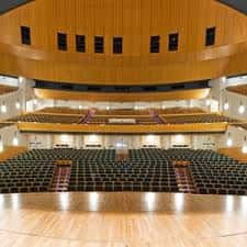 Vista panorámica del interior del auditorio desde el escenario, mostrando las gradas y acústica de madera