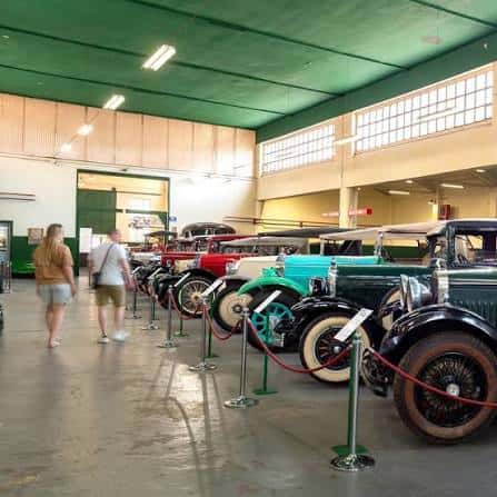 Vista interior del museo mostrando una fila de automóviles clásicos de colores variados bajo iluminación artificial