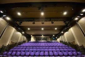 Interior del auditorio con butacas púrpuras y sistema de iluminación profesional