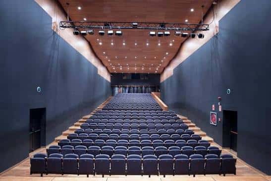 Interior del auditorio con butacas azules dispuestas en gradas y techo de madera con iluminación profesional