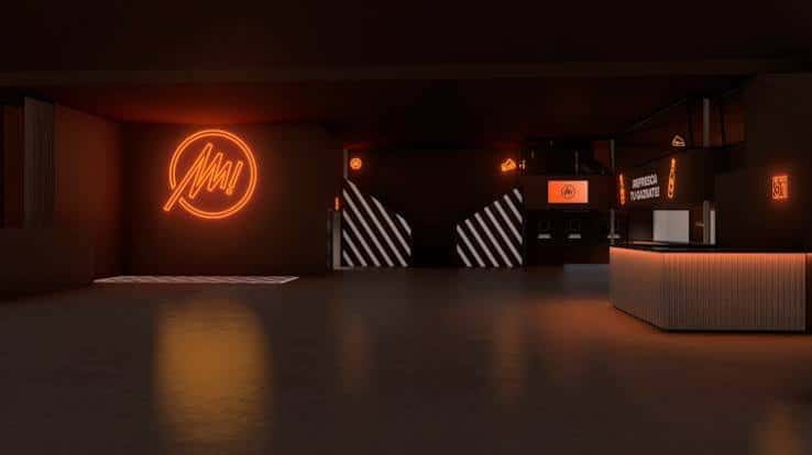 Render del interior de la Sala Mamba con iluminación ambiental