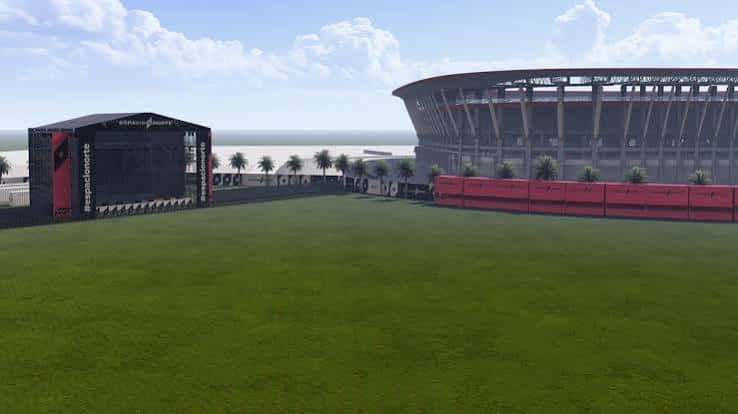 Render del recinto Espacio Norte mostrando el escenario y el estadio