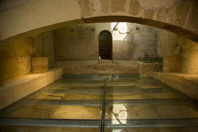 Vista del interior histórico del Celler de Proava con bóvedas de piedra y suelo de cristal