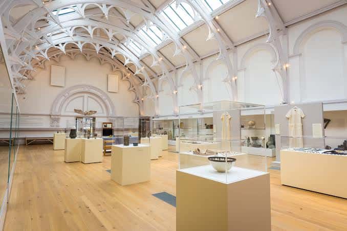 Interior de la galería con techos altos, vitrinas de exhibición y suelo de madera clara