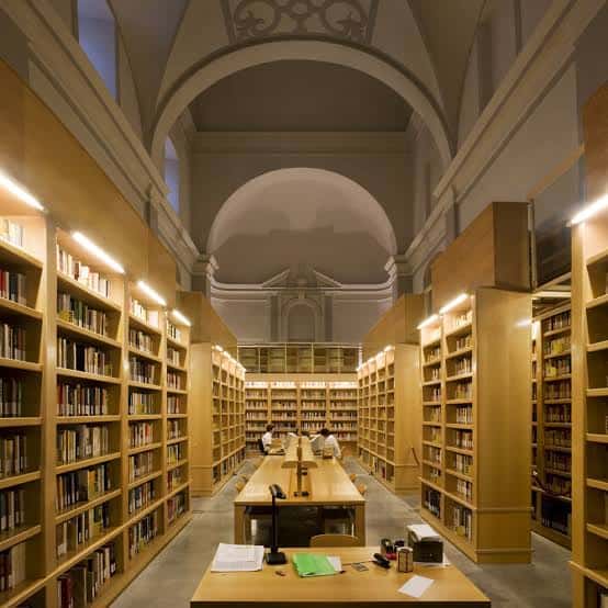 Sala de lectura con estanterías de madera y techos abovedados